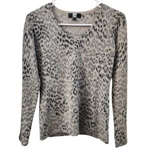 Saks Fith Avenue Cashmere Animal Print V Neck Sweater S‎ Cozycore Fall Office